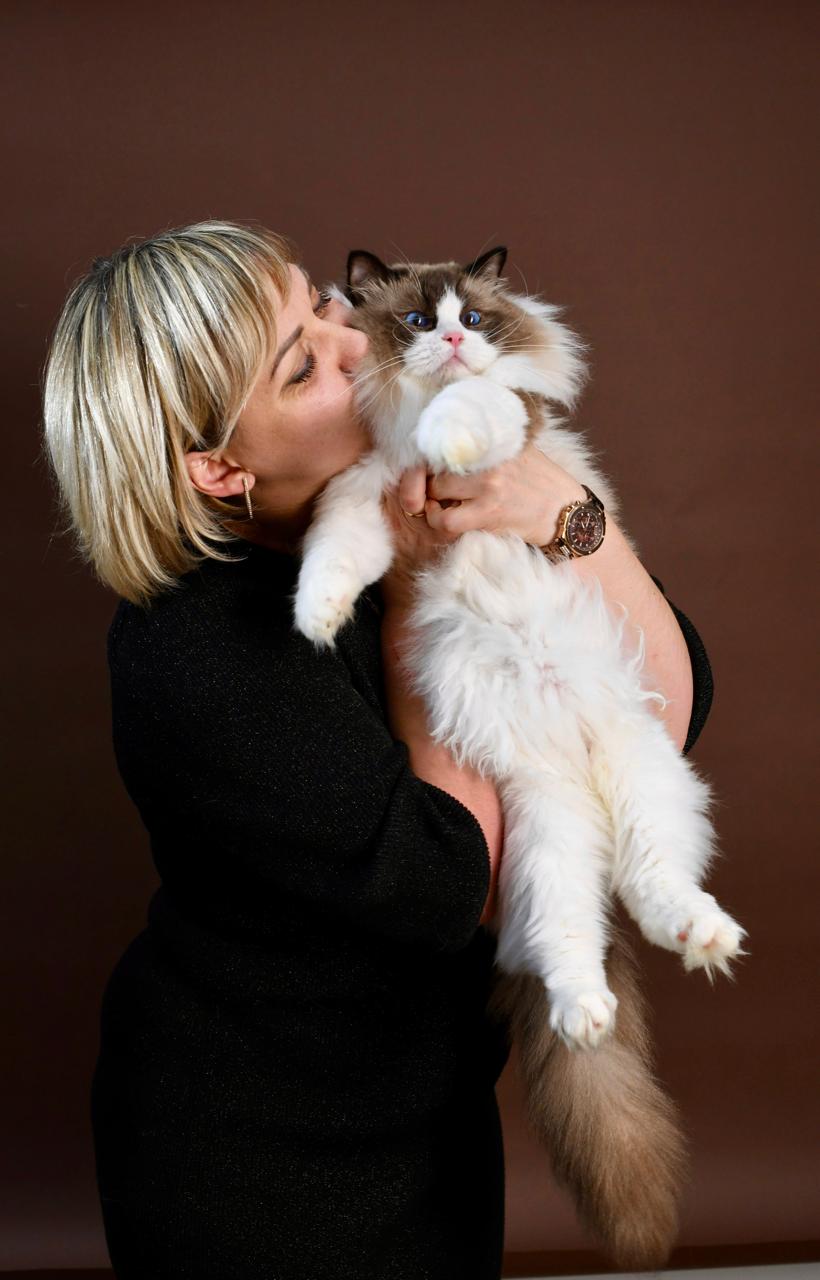 Anastasiia, founder of My Destiny, holding a ragdoll cat