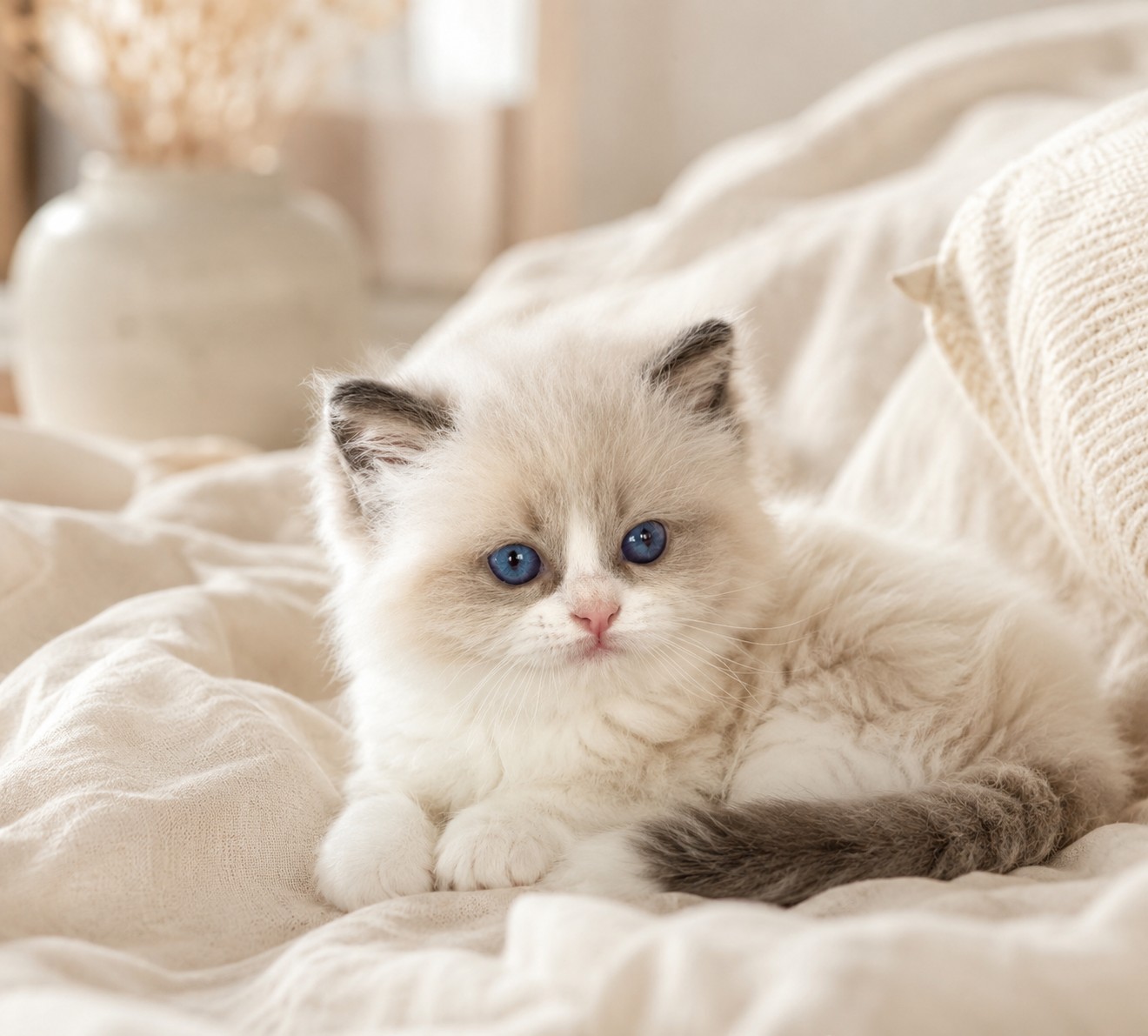 A ragdoll kitten looking toward the camera