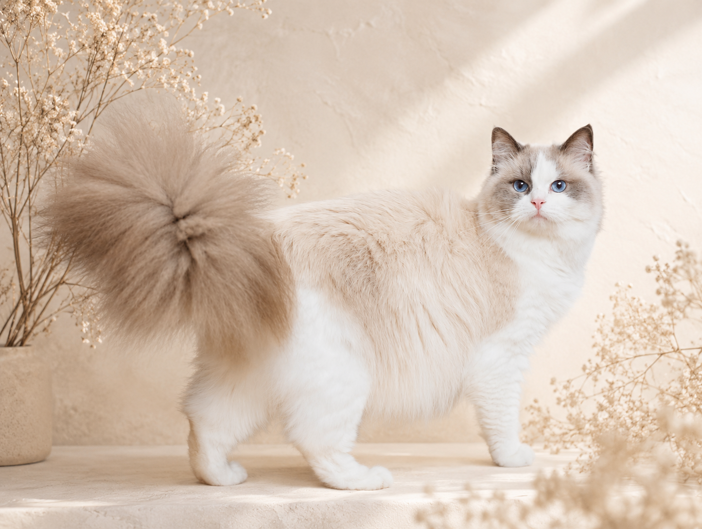 An adult ragdoll cat with a full plumed tail, standing in warm natural light among dried florals